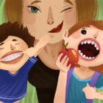 Graphic illustration of a mom winking and smiling while a young boy smiles and a young girl eats an apple.