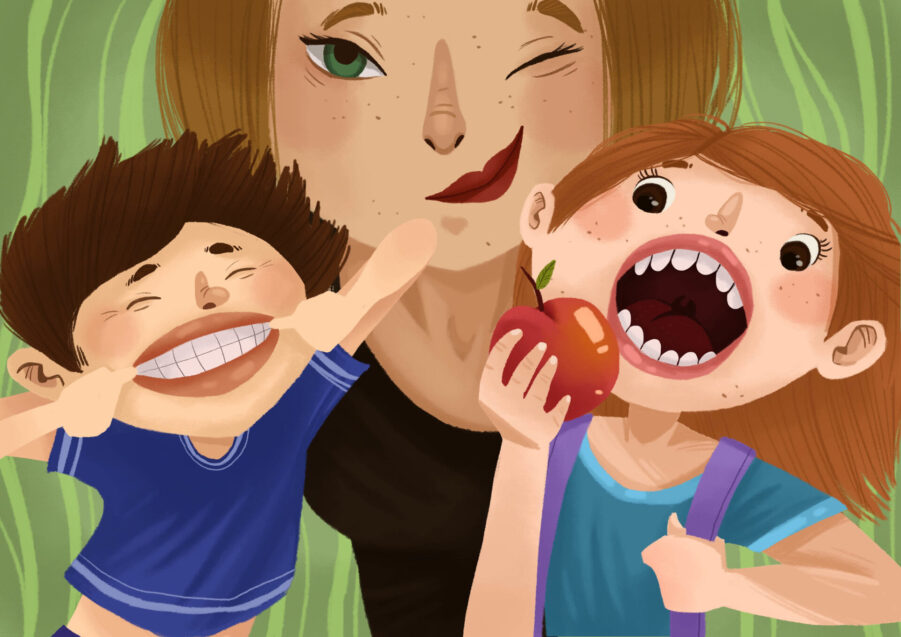Graphic illustration of a mom winking and smiling while a young boy smiles and a young girl eats an apple.